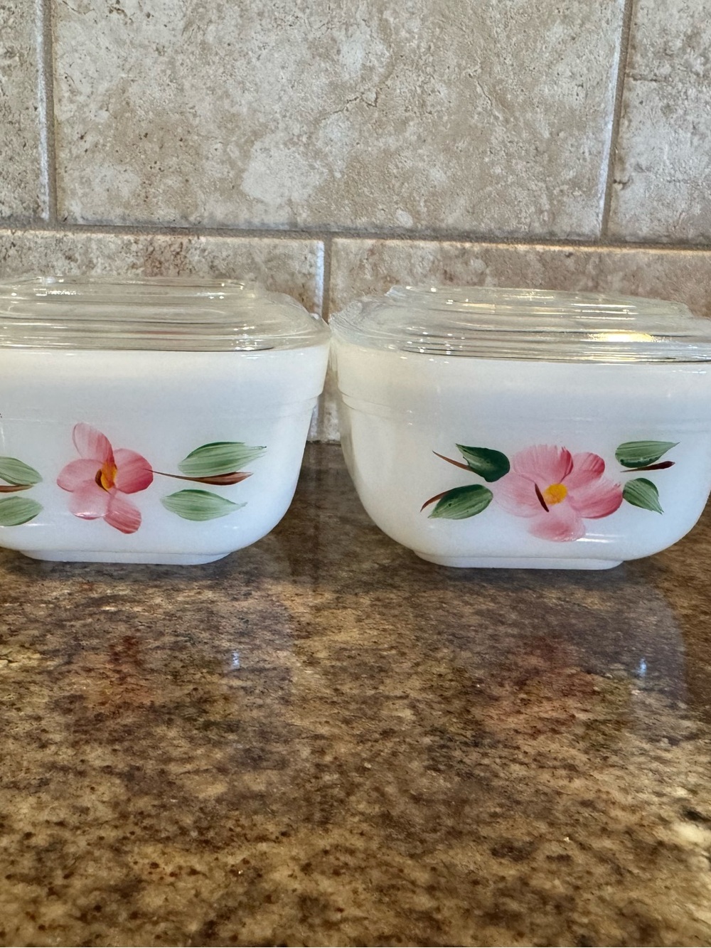 Vintage Fire-King Peach Blossom Gay Fad Refrigerator Dishes w Lids Set of 2